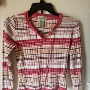 St. John's Bay Pink & Cream Striped Ribbed V-Neck Hoodie